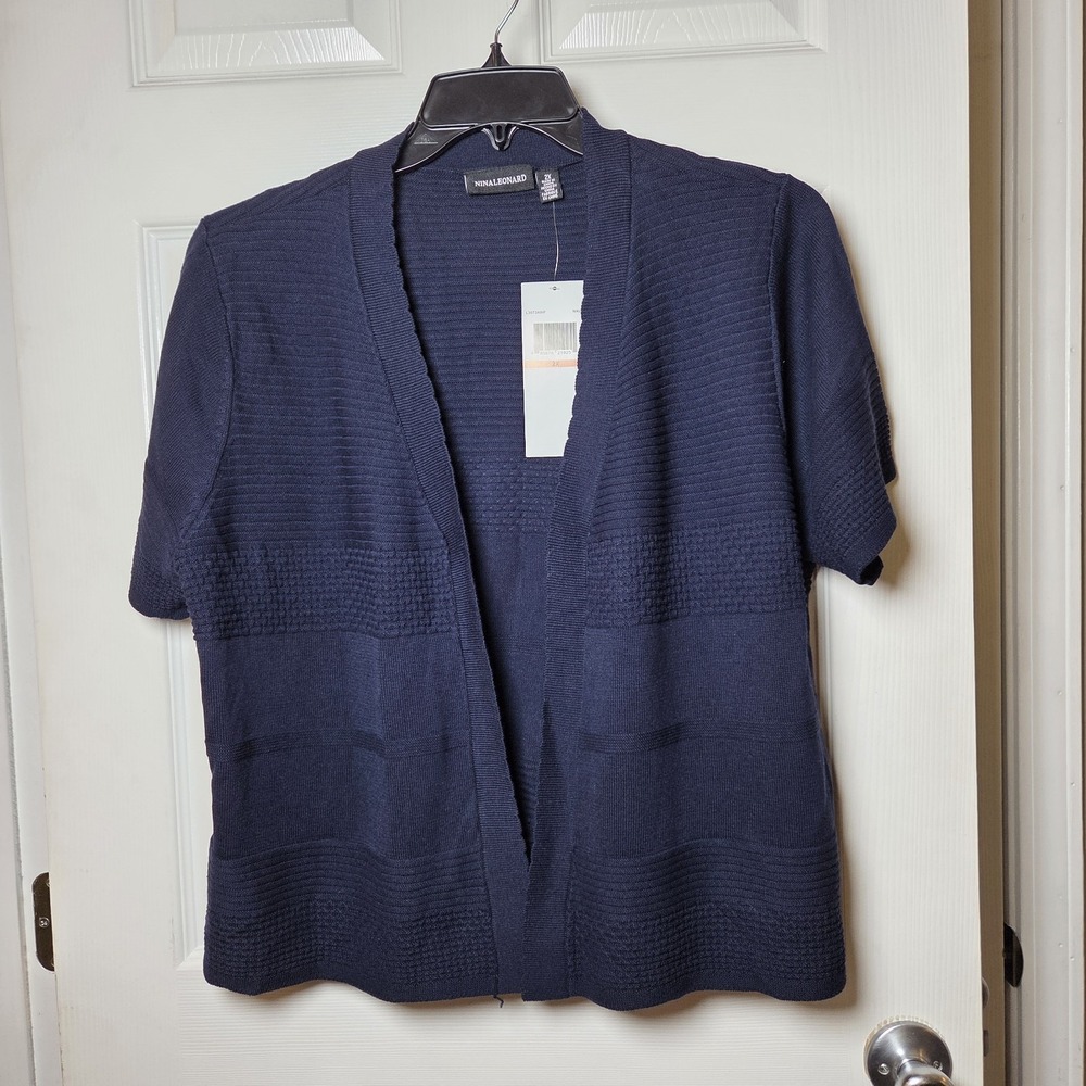 Nina Leonard Cardigan Short Slv Sz 2X navy textured Open Front topper sweater